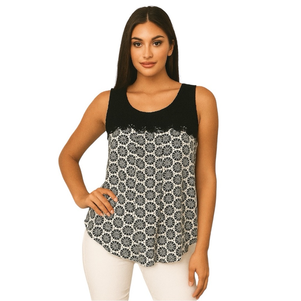 St.Johns Bay Tank blouse dark navy Blue Lace crotchet Floral Blouse Sleeveless L